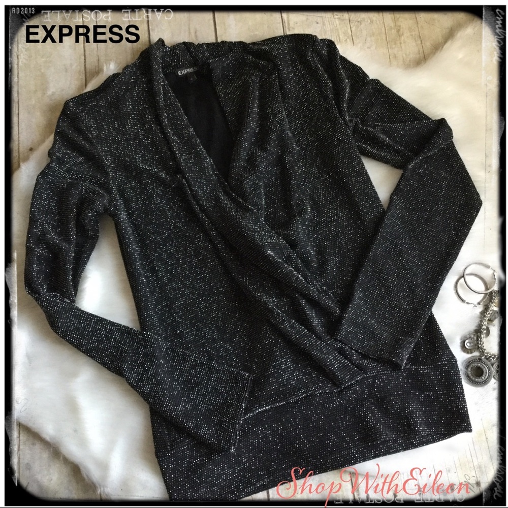 EXPRESS Black Silver Metallic Faux Wrap Sweater